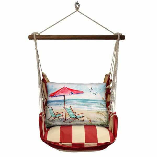 3-Piece Wood Polyester Cushioned Porch Swing with Teal Beach Chair Print Back Pillow