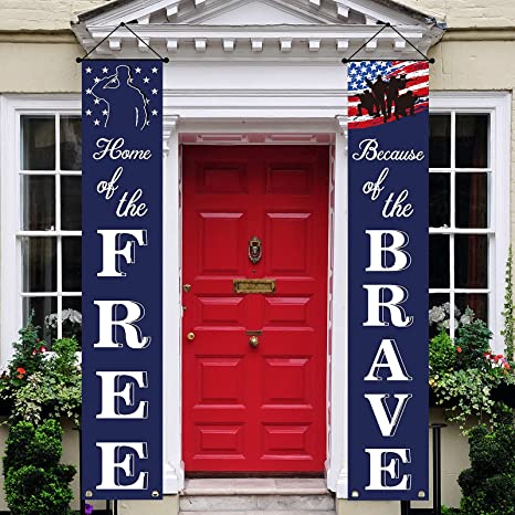 Patriotic Soldier Porch Sign Banners -“HOME of the FREE” and “Because of the BRAVE”- 4th of July Decor - American Flag Hanging Banner for Independence Day/ Memorial Day/ Veterans Day/ Labor Day