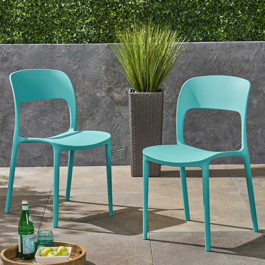 Tatiana Outdoor Plastic Chairs, Set of 2, Teal