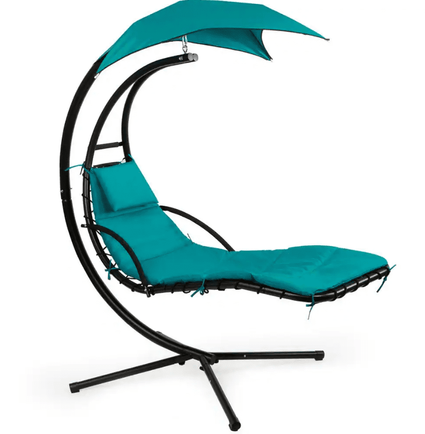 Barton Black Metal Outdoor Patio Chaise Lounge Floating Swing Chair with Polyester Navy Cushions and Sun Canopy