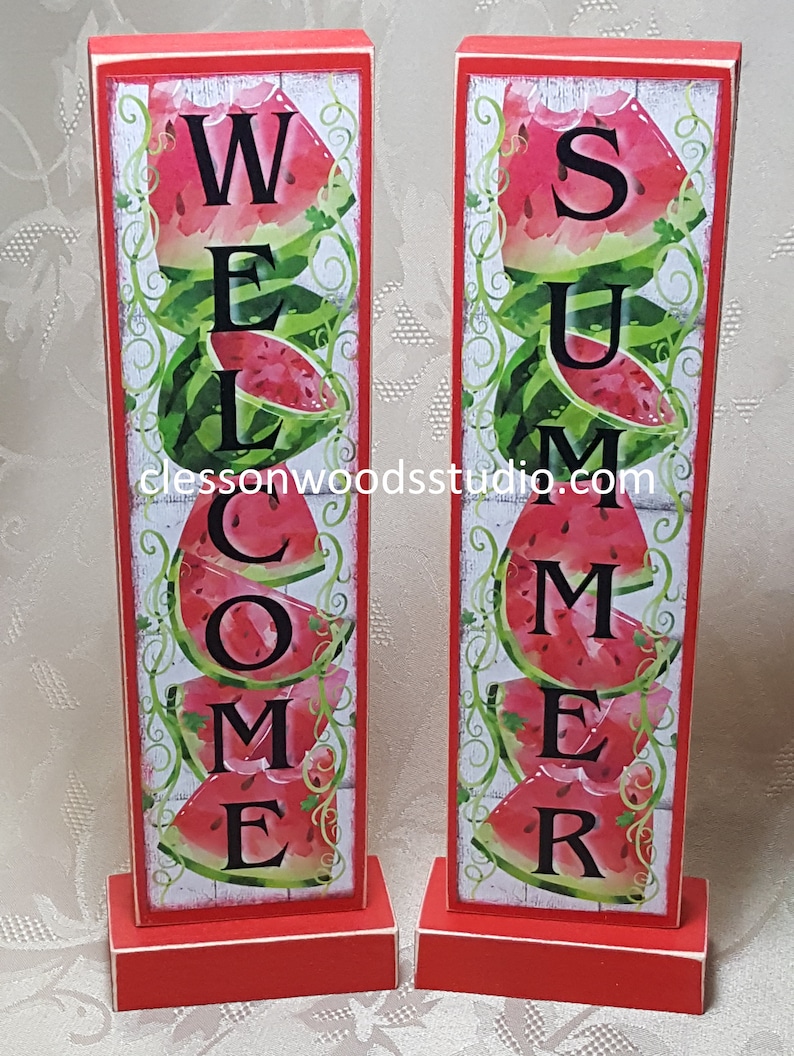 Watermelon Welcome or Summer Vertical Wood Sign image 1